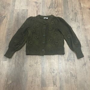 NWOT Madewell Embroidered Edencroft Pleat Sleeve Dark Olive Cardigan Sweater